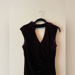 High neck burgundy velvet formal dress